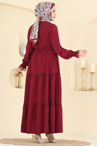 moda selvim Dantel Detaylı Kuşaklı Elbise PL9200 Açık Bordo - Thumbnail