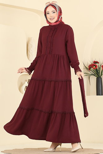 moda selvim Dantel Detaylı Kuşaklı Elbise PL9200 Bordo - Thumbnail