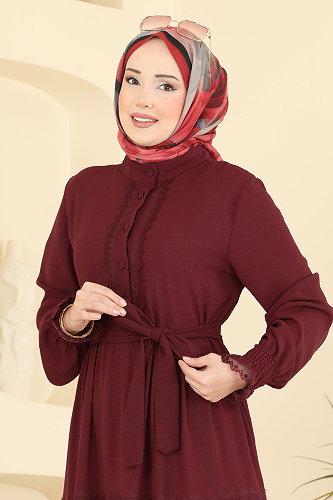 moda selvim Dantel Detaylı Kuşaklı Elbise PL9200 Bordo - Thumbnail