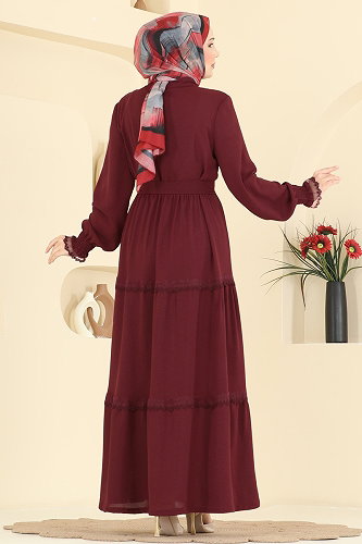 moda selvim Dantel Detaylı Kuşaklı Elbise PL9200 Bordo - Thumbnail