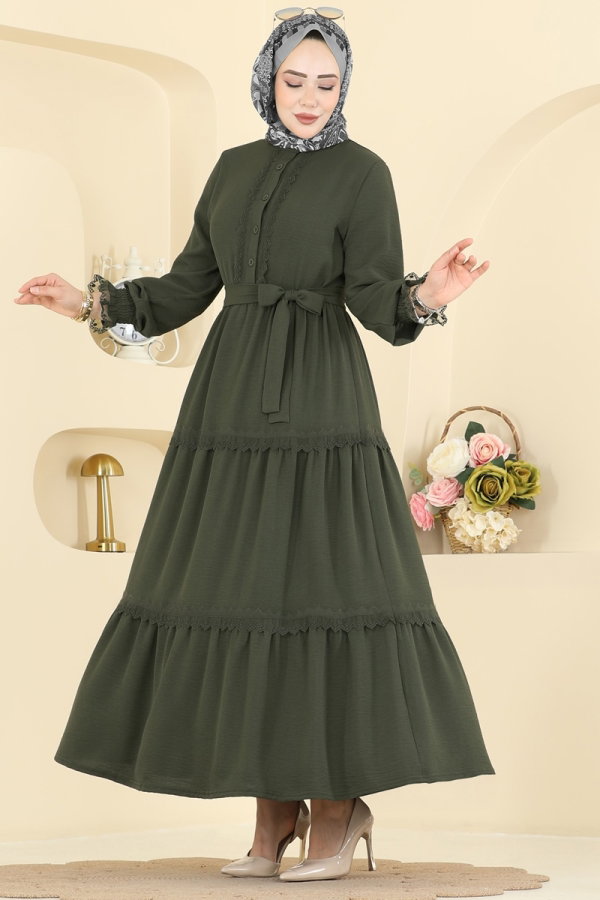 Modaselvim Elbise Dantel Detaylı Kuşaklı Elbise PL9200 Koyu Haki