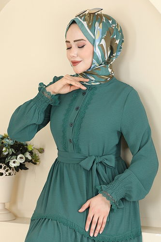 moda selvim Dantel Detaylı Kuşaklı Elbise PL9200 Koyu Mint - Thumbnail