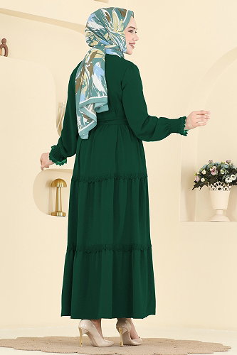 moda selvim Dantel Detaylı Kuşaklı Elbise PL9200 Zümrüt - Thumbnail