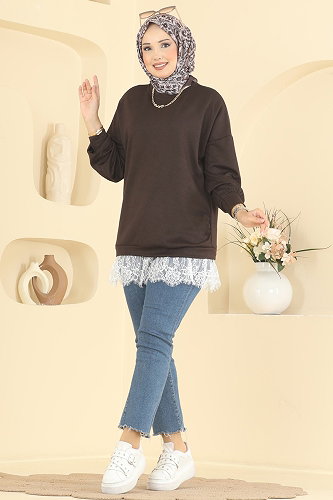 moda selvim Dantel Detaylı Modal Tunik 4570NFC1010 Kahve - Thumbnail