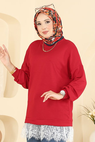 moda selvim Dantel Detaylı Modal Tunik 4570NFC1010 Kırmızı - Thumbnail