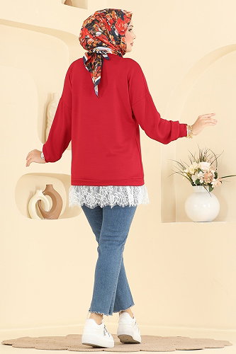 moda selvim Dantel Detaylı Modal Tunik 4570NFC1010 Kırmızı - Thumbnail