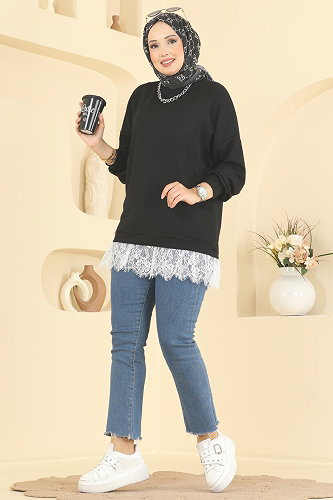 moda selvim Dantel Detaylı Modal Tunik 4570NFC1010 Siyah - Thumbnail