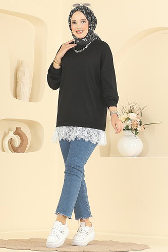 moda selvim Dantel Detaylı Modal Tunik 4570NFC1010 Siyah - Thumbnail