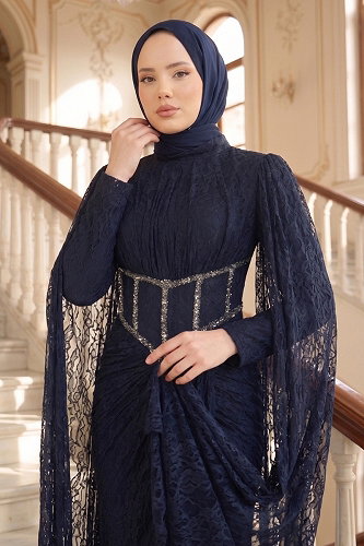 moda selvim Dantel Detaylı Önü Drapeli Abiye 211DMNK1166 Laci - Thumbnail