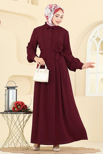 moda selvim Dantel Detaylı Piliseli Elbise 308ASN888 Bordo - Thumbnail