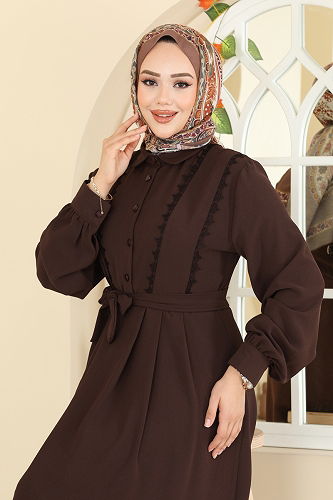 moda selvim Dantel Detaylı Piliseli Elbise 308ASN888 Kahve - Thumbnail