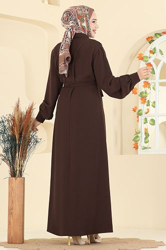moda selvim Dantel Detaylı Piliseli Elbise 308ASN888 Kahve - Thumbnail