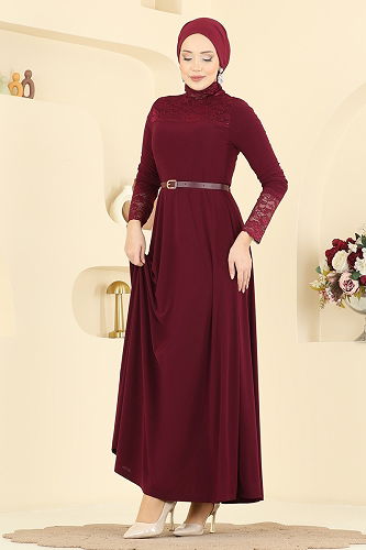 moda selvim Dantel Detaylı Sandy Elbise 2460ANT466 Bordo - Thumbnail