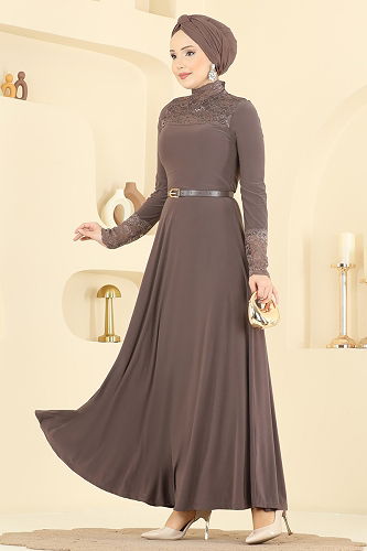 moda selvim Dantel Detaylı Sandy Elbise 2460ANT466 Koyu Vizyon - Thumbnail