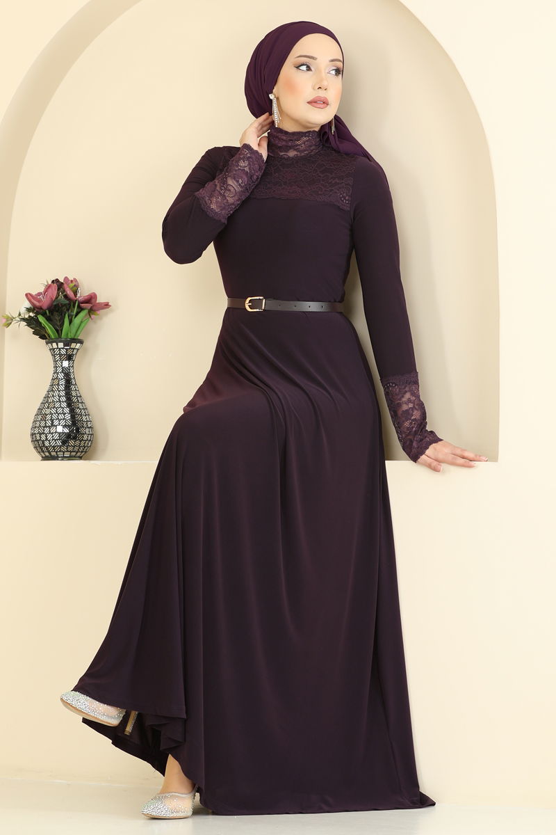 Dantel Detaylı Sandy Elbise 2460ANT466 Mürdüm