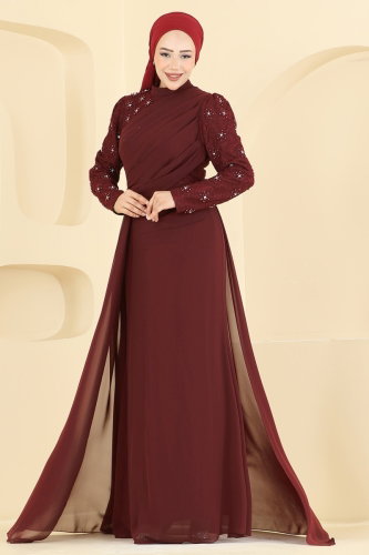 A.B. - Dantel Detaylı Şifon Abiye 8248AB368 Bordo