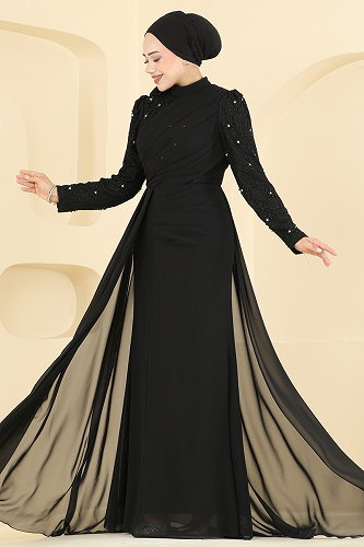 moda selvim Dantel Detaylı Şifon Abiye 8248AB368 Siyah - Thumbnail