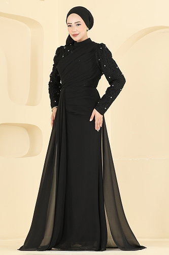 moda selvim Dantel Detaylı Şifon Abiye 8248AB368 Siyah - Thumbnail