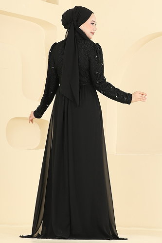 moda selvim Dantel Detaylı Şifon Abiye 8248AB368 Siyah - Thumbnail