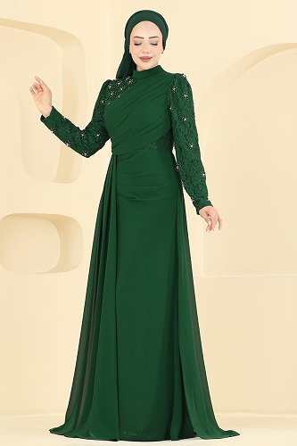 moda selvim Dantel Detaylı Şifon Abiye 8248AB368 Zümrüt - Thumbnail