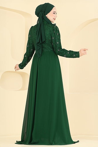 moda selvim Dantel Detaylı Şifon Abiye 8248AB368 Zümrüt - Thumbnail