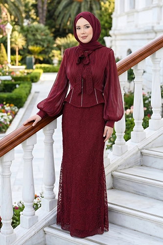 moda selvim Dantel Detaylı Şık Abiye 135DMNK1166 Bordo - Thumbnail