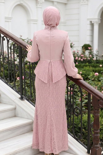 moda selvim Dantel Detaylı Şık Abiye 135DMNK1166 Pudra - Thumbnail