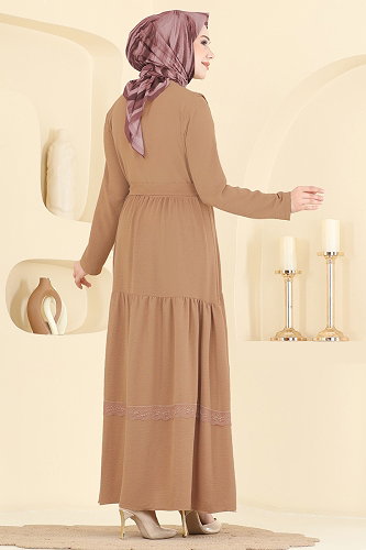 moda selvim Dantel Detaylı Şık Elbise 5013BM387 Açık Latte - Thumbnail