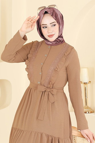 moda selvim Dantel Detaylı Şık Elbise 5013BM387 Açık Latte - Thumbnail