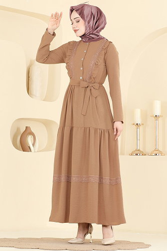 moda selvim Dantel Detaylı Şık Elbise 5013BM387 Açık Latte - Thumbnail