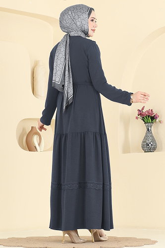 moda selvim Dantel Detaylı Şık Elbise 5013BM387 Antrasit - Thumbnail