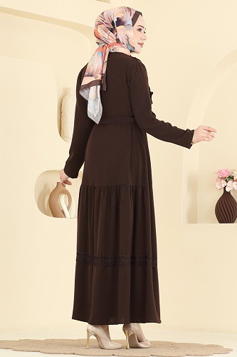 moda selvim Dantel Detaylı Şık Elbise 5013BM387 Kahve - Thumbnail