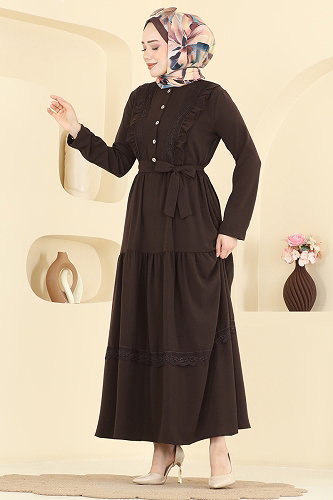 moda selvim Dantel Detaylı Şık Elbise 5013BM387 Kahve - Thumbnail