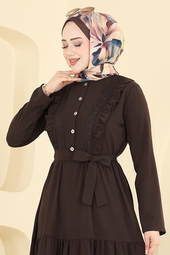 moda selvim Dantel Detaylı Şık Elbise 5013BM387 Kahve - Thumbnail