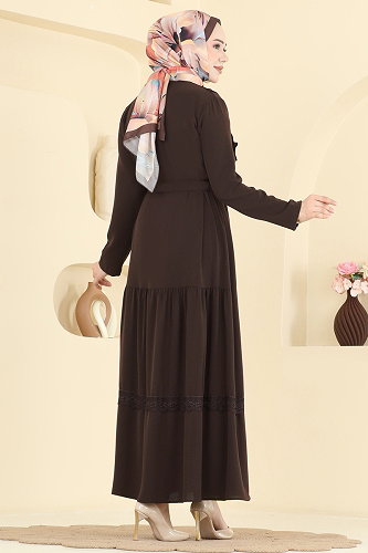 moda selvim Dantel Detaylı Şık Elbise 5013BM387 Kahve - Thumbnail