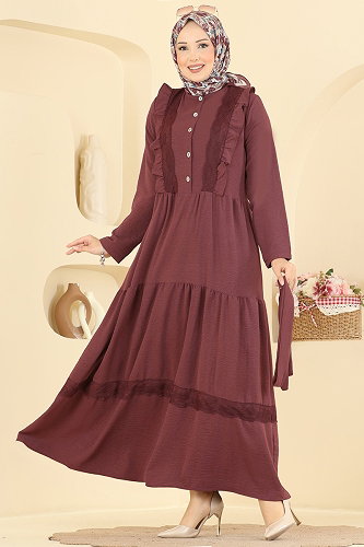 moda selvim Dantel Detaylı Şık Elbise 5013BM387 Koyu Gül Kurusu - Thumbnail