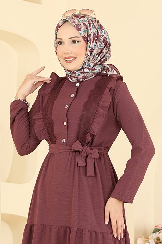 moda selvim Dantel Detaylı Şık Elbise 5013BM387 Koyu Gül Kurusu - Thumbnail