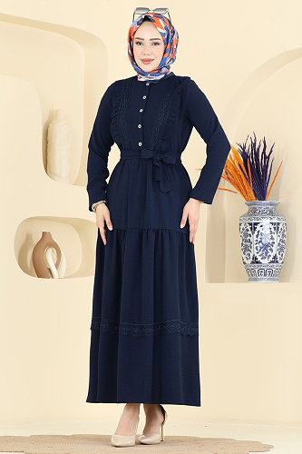 moda selvim Dantel Detaylı Şık Elbise 5013BM387 Koyu Laci - Thumbnail