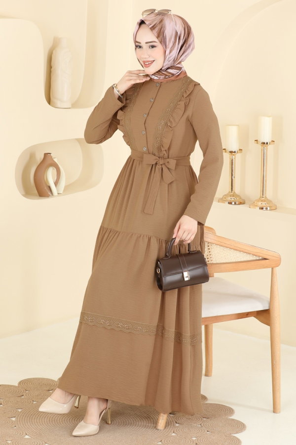 Modaselvim Elbise Dantel Detaylı Şık Elbise 5013BM387 Latte