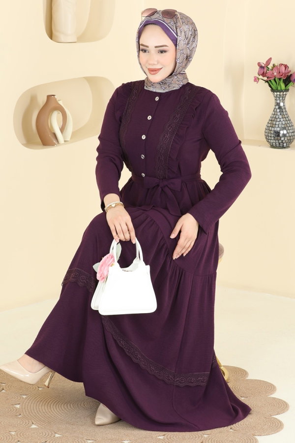 Modaselvim Elbise Dantel Detaylı Şık Elbise 5013BM387 Mor