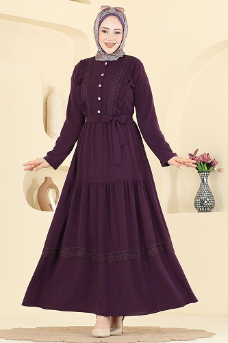 moda selvim Dantel Detaylı Şık Elbise 5013BM387 Mor - Thumbnail