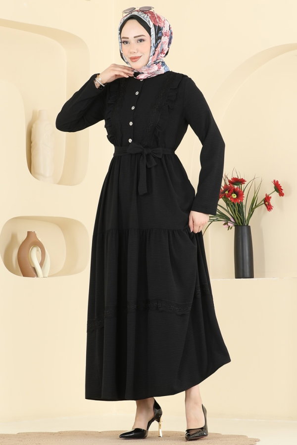 Modaselvim Elbise Dantel Detaylı Şık Elbise 5013BM387 Siyah
