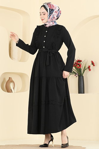 moda selvim Dantel Detaylı Şık Elbise 5013BM387 Siyah - Thumbnail