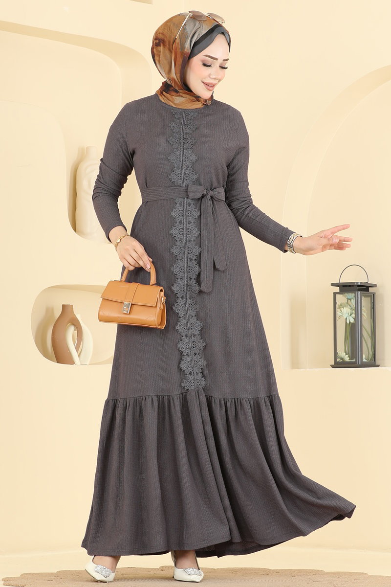 m★★★★ Dantel Detaylı Şık Elbise 838PM271 Antrasit - Moda Selvim