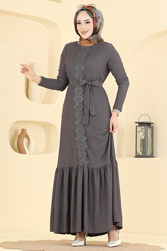 moda selvim Dantel Detaylı Şık Elbise 838PM271 Antrasit - Thumbnail