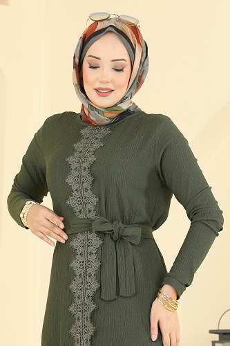 moda selvim Dantel Detaylı Şık Elbise 838PM271 Haki - Thumbnail