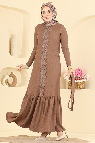 moda selvim Dantel Detaylı Şık Elbise 838PM271 Koyu Vizyon - Thumbnail