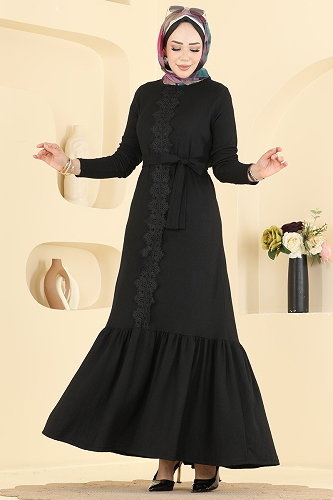 moda selvim Dantel Detaylı Şık Elbise 838PM271 Siyah - Thumbnail