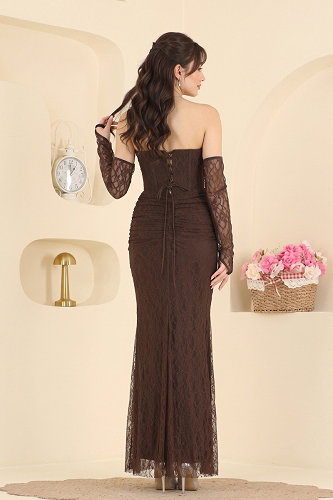 moda selvim Dantel Detaylı Straplez Abiye 193DMNK1166 Acı Kahve - Thumbnail