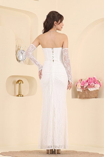 moda selvim Dantel Detaylı Straplez Abiye 193DMNK1166 Ekru - Thumbnail